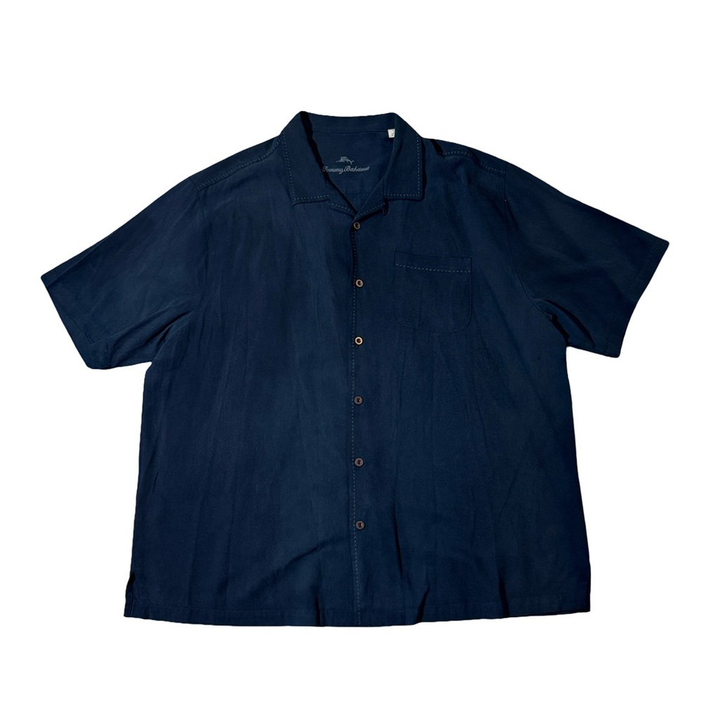 Tommy Bahama mens 1XLB navy blue solid 100% silk camo collared casual shirt EUC